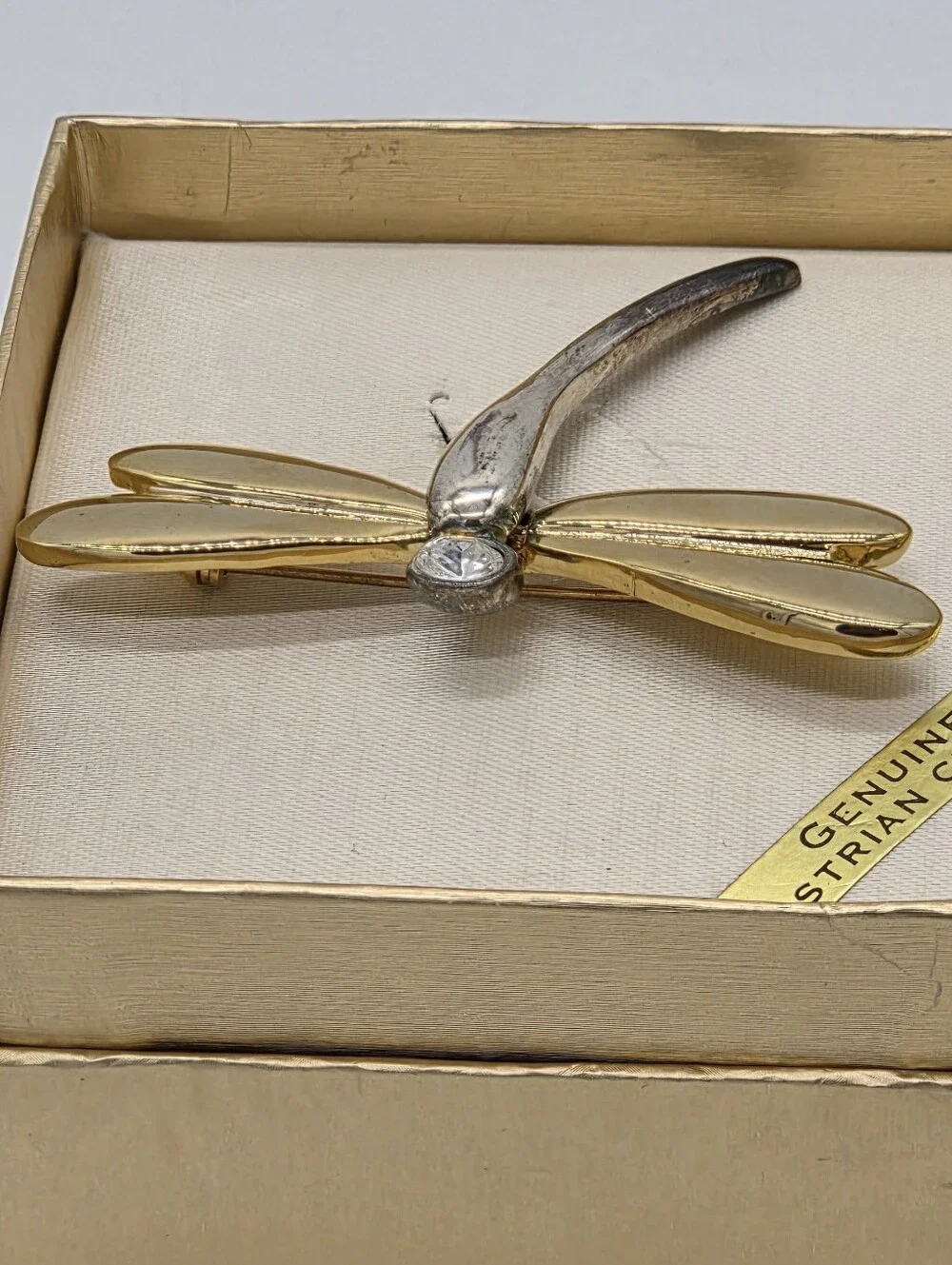 Gold & Silver Dragonfly Brooch with Crystal Accent